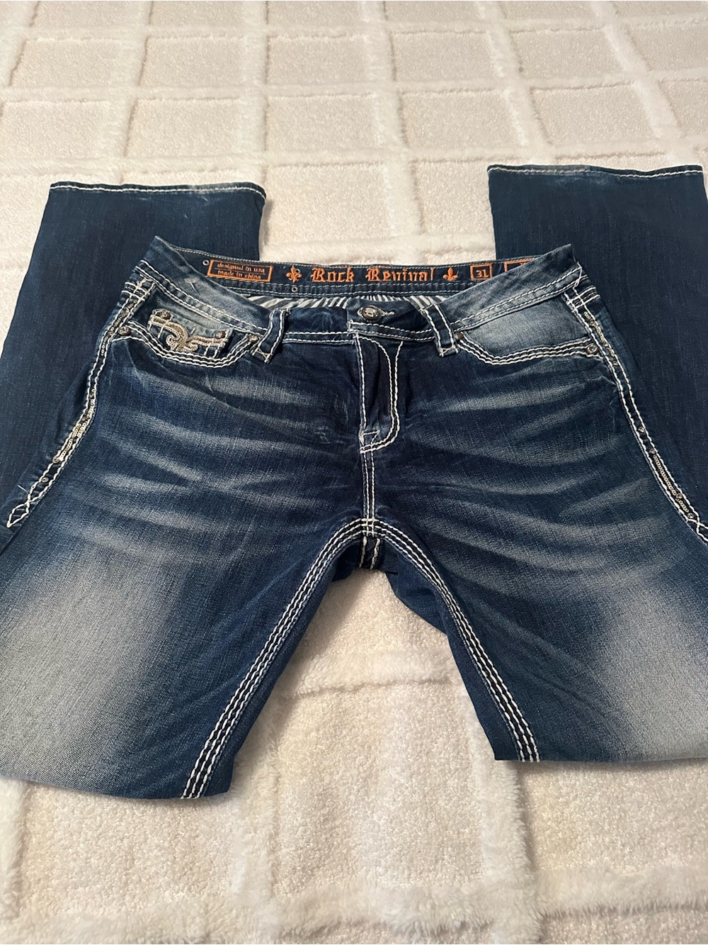 Rock Revival Women's Dark Indigo Boot Cut Jeans with White Contrast Stitching